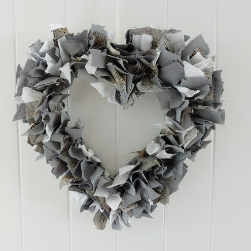 Grey and white loveheart fabric wreath
