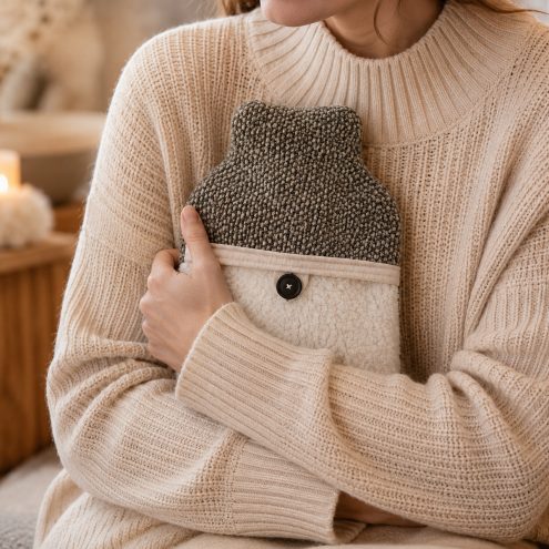 model holds woolly hot water bottle