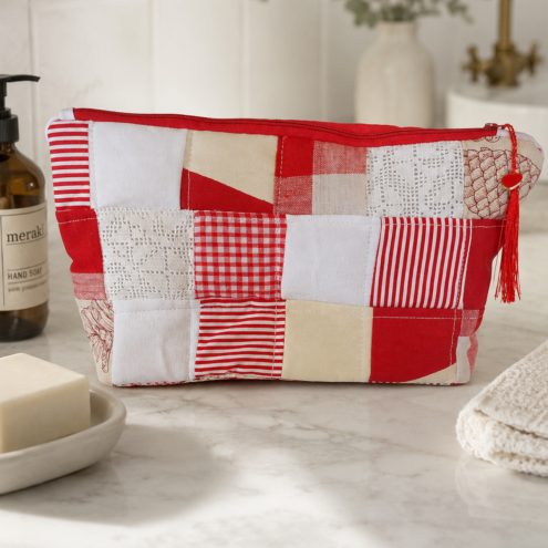 red patchwork washbag