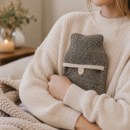 model holding green woolly hot water bottle