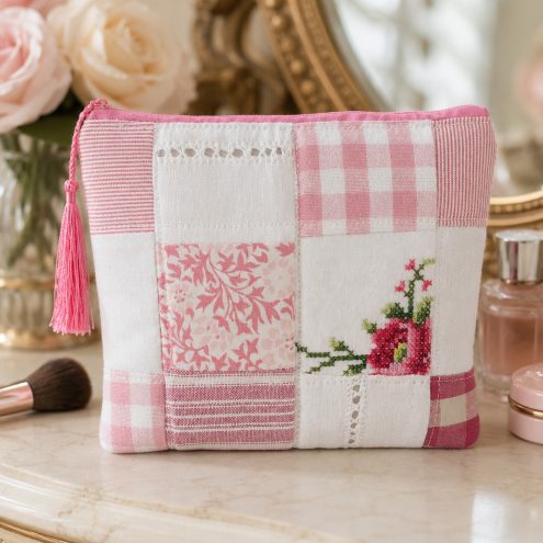 pink patchwork make up bag