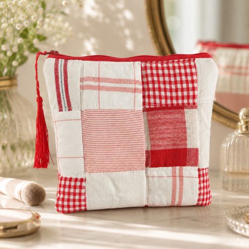 red patchwork make up bag