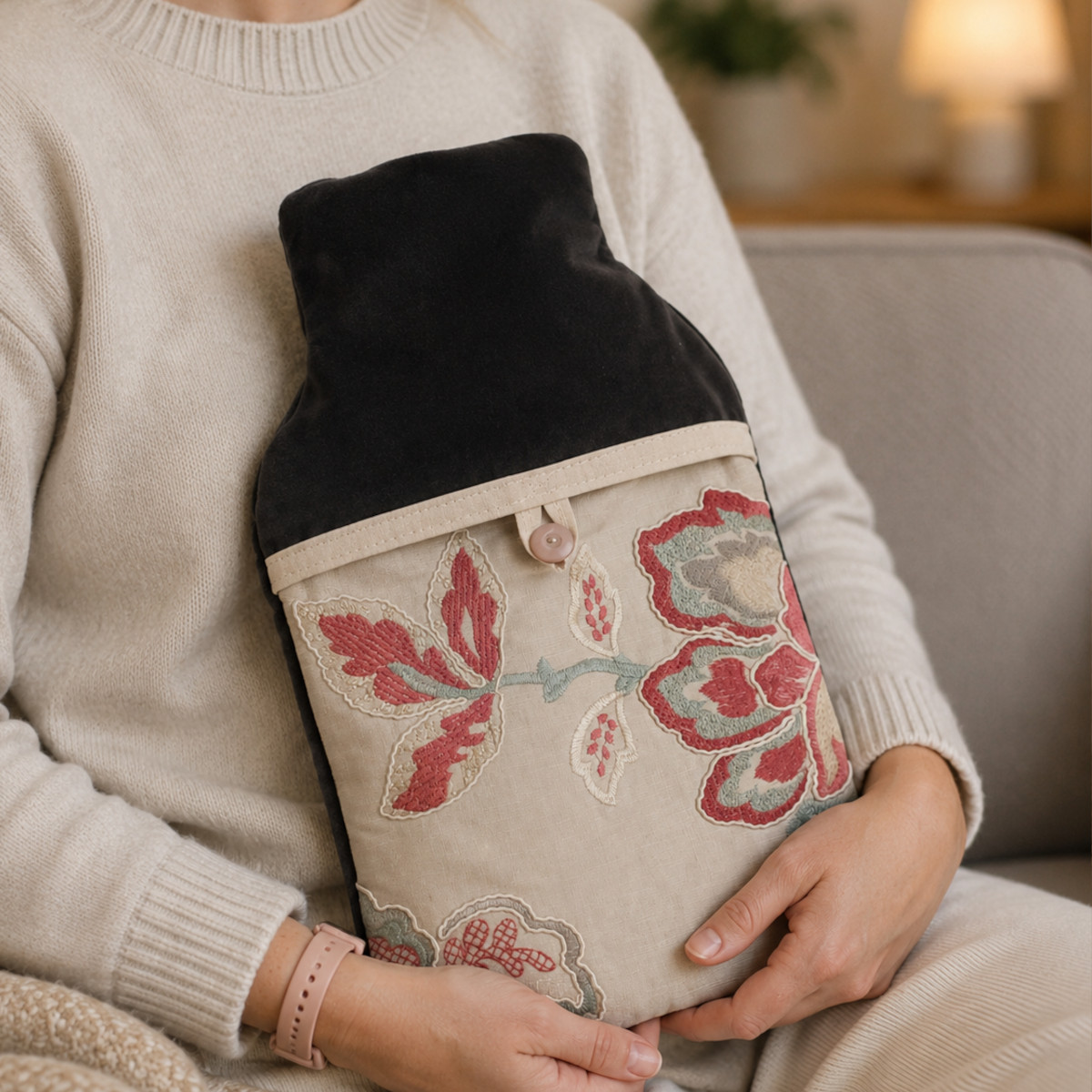 red embroidered hot water bottle