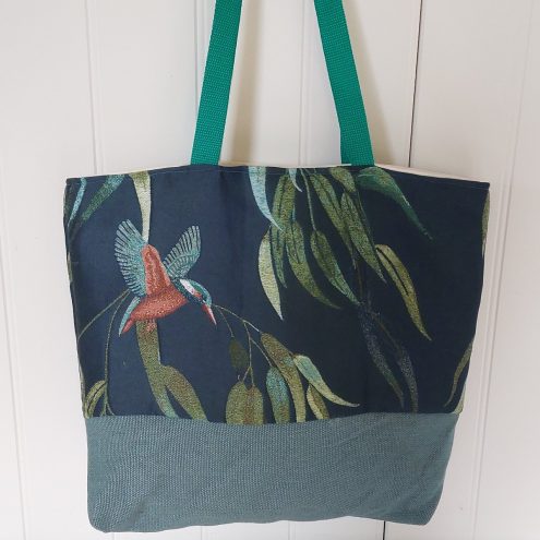 Blue bird tropical print tote bag