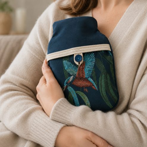 Model holding kingfisher hot water bottle