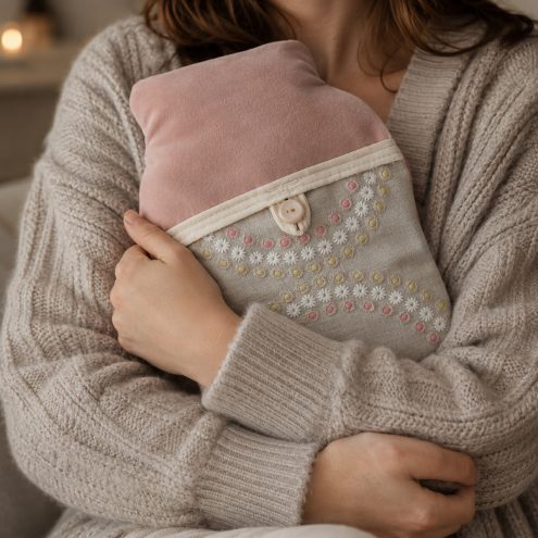 model holding pink hot water bottle