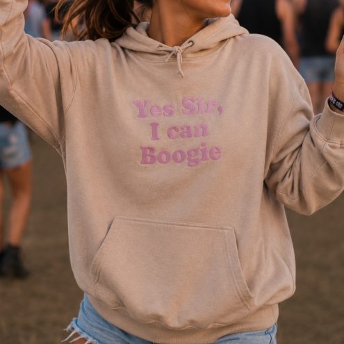 Model wears Yes Sir I can Boogie hoodie