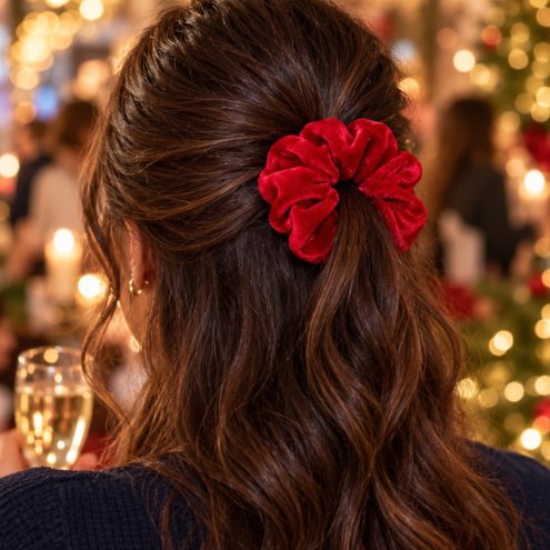 Model wears red velvet scrunchie